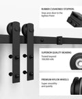 Close-up of 5 FT Heavy Duty Sturdy Sliding Barn Door Hardware Kit, Black, showcasing rubber stoppers and nylon wheels for 28''-30" doors.