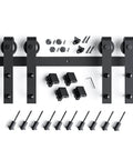 Components of 14 FT Double Door Sliding Barn Door Hardware Track Kit with basic J pulley, heavy duty steel construction, black finish