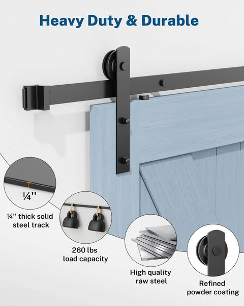 Close-up of Sliding Barn Door Hardware Kit - 5 FT Heavy Duty Steel Rail showing roller set and 1/4" thick steel track, black finish.