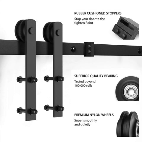 Close-up of 8.2 FT Heavy Duty Sturdy Sliding Barn Door Hardware Kit, Black, showcasing rubber cushioned stoppers and nylon wheels.