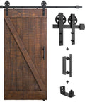 6ft Heavy Duty Sliding Barn Door Hardware Kit, Black, with big industrial wheel hangers, pull handle, and floor guide for 36" door panel
