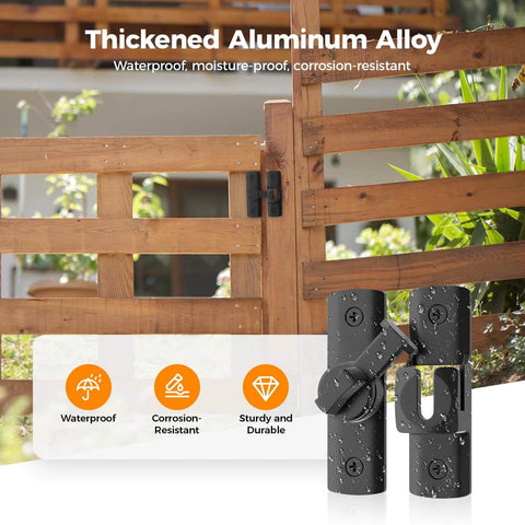 Thickened aluminum alloy 2 Pcs Degree Barn Door Latch, 180/90 Sliding Barn Door Lock shown installed on a wooden garden gate