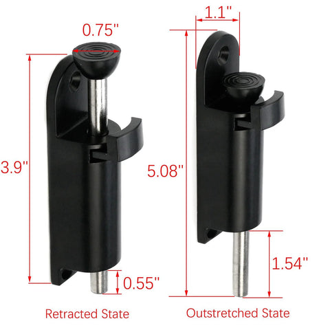 Spring Loaded Sliding Door Lock Black Heavy Duty Foot Operated Kick Lock Zinc Alloy dimensions in retracted and outstretched states.