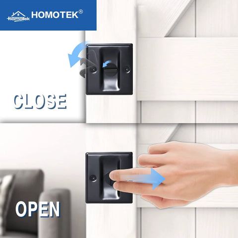 Opening and closing demonstration of Privacy Sliding Door Lock With Pull for pocket doors, showing black reversible lock on 1-3/8 inch thick door.