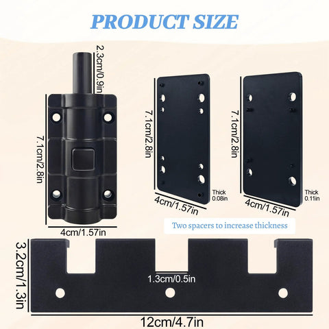 Sliding Glass Door Lock Set For Child Safety And Extra Security, Durable Black Hardware Kit shown with measurements.
