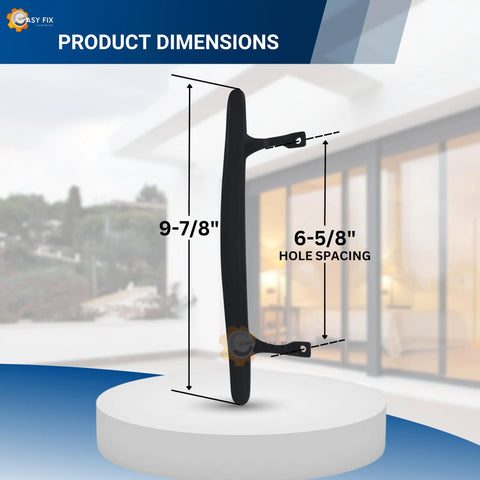 Standard Sliding Door Pull Handle For Sliding Glass Doors Black DH103 Replacement Handle With 9.88 Inch Overall Height And 6.625 Inch On Center Mounting dimensions.