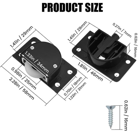 Black Wardrobe Sliding Door Wheel Kit with screws, includes 2 sets of pulleys and rails, shown with size measurements