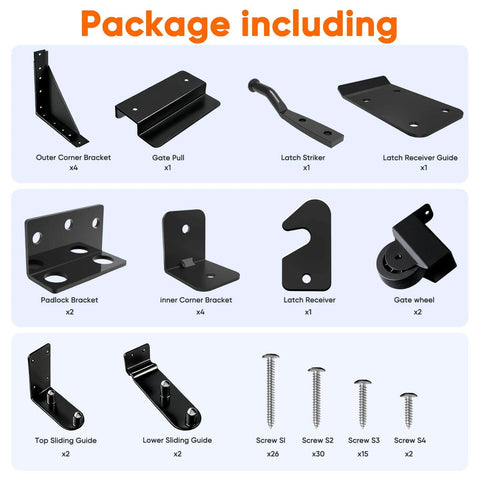 Black Sliding Gate Hardware Kit components with Anti Sag Design, smooth nylon wheels for wooden fences, porch, pool, barn, deck gates.