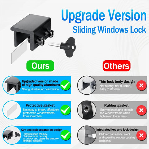 Comparison of 4 Pack Sliding Window Locks With Key For Vertical And Horizontal Sliding Windows And Doors Easy To Install Adjustable Security Window Locks For Patio Bedroom Home And Office Black highlighting features vs competitors