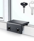 Black 4 Pack Sliding Window Lock with key for vertical and horizontal sliding windows and doors, installed on a window sill