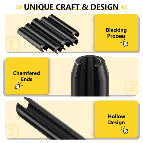 274 Piece Roll Pin Set Slotted Metric Pins 65Mn Steel, black oxidized, chamfered ends, hollow design for auto repair and machinery maintenance.