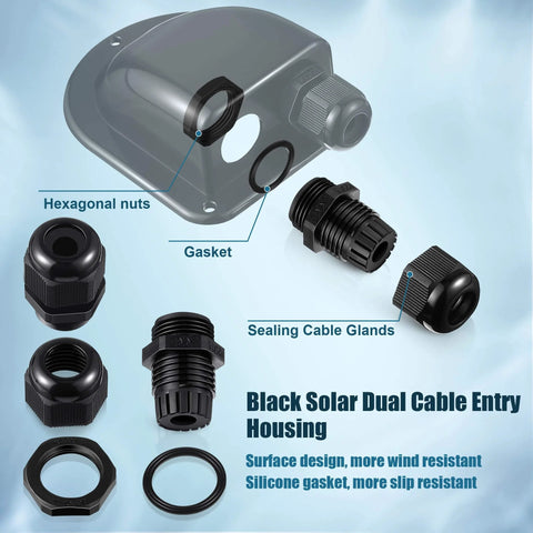 Two Pack Weather Resistant Solar Cable Entry Gland Dual Cable Entry Housing For All Types 3mm2 To 10mm2 RV Caravan Marine Boat Cabin Black Durable ABS Construction UV Resistant Includes Glands Screws And Seals with components highlighted