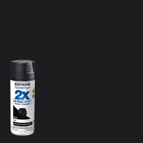 Painter's Touch 2X Ultra Cover Spray Paint in Flat Black can, ideal for indoor and outdoor surfaces, shown against a dark background.
