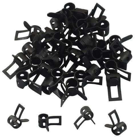 40 Pcs 5mm Spring Band Type Clamps Set For Fuel Line Hose Low Pressure Air Tube Water Pipe And Silicone Hose Fits Five To Five Point Eight Millimeter Outer Diameter Durable Rust Resistant 65Mn Manganese Steel Construction Ideal For Auto And Marine Use. Image showing a set of black metal clamps.