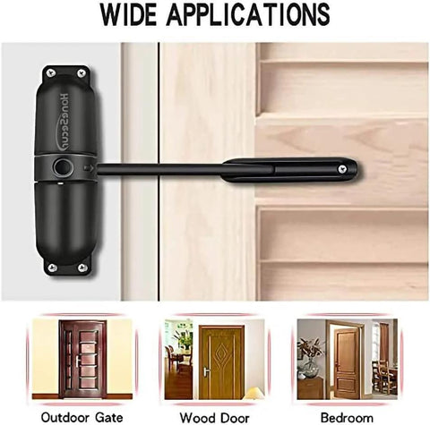 Safety Spring Door Closers, Adjustable Closing Hinge, Automatic Stopper Fire Rated, Convert Hinged Doors to Self Closing - Black mounted on door