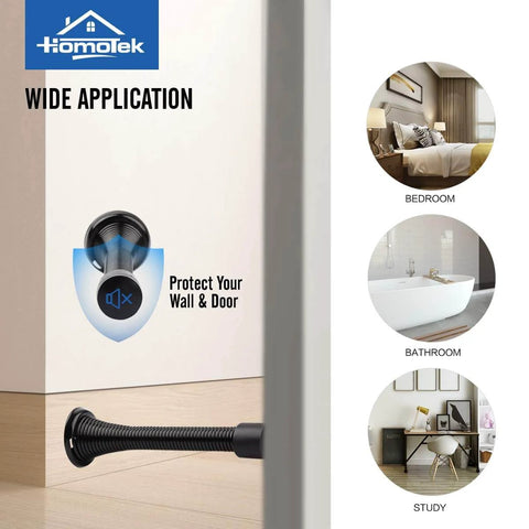 12 Pack Black Spring Door Stops,3-1/8" Heavy Duty - Flexible Door Stopper showing installation in bedroom, bathroom, and study.