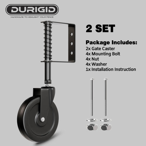 5 Inch Spring Loaded Gate Wheel Caster For Outdoor Gates And Fences, black PP wheel with shock absorbing spring, 2 set included