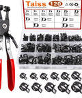 120 Piece Hose Clamp Kit With 7 To 22 Millimeter Black Spring Band Clamps, Swivel Flat Clamp Plier Set, Low Pressure Air Hose Clips For Fuel Silicone And Vacuum Lines For Quick DIY Fixes displayed with pliers and storage box.