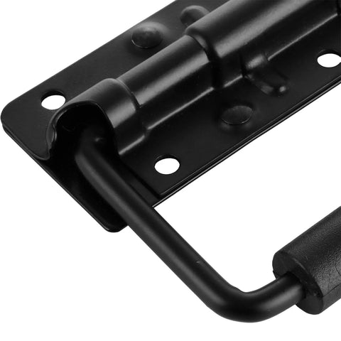 Close-up of Spring Loaded Handle Set 4.9 Inch Heavy Duty Surface Mount Chest Handles with rubber grip and rust-resistant black coating.