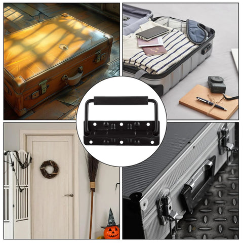 Composite image showing Spring Loaded Handle Set 4.9 Inch Heavy Duty Surface Mount Chest Handles with Rubber Grip on various cases.