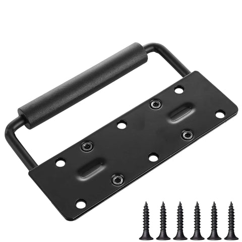 Spring Loaded Handle Set 4.9 Inch Heavy Duty Surface Mount Chest Handles With Rubber Grip Durable Cast Iron Construction Featuring Rust Resistant Black Coating Includes 12 Handles And 48 Screws For Toolbox Chest Or Cabinet Applications, shown with screws.