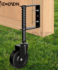 4 Inch Spring Loaded Swivel Gate Caster With Shock Absorbing Spring 360 Degree Rolling 220 Lb Capacity Black Finish Heavy Duty Gate Wheel For Smooth Operation On Flat And Rough Surfaces 1 Pack installed on wooden gate