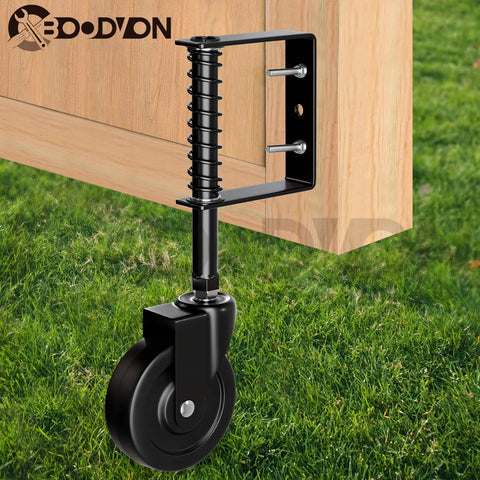 4 Inch Spring Loaded Swivel Gate Caster With Shock Absorbing Spring 360 Degree Rolling 220 Lb Capacity Black Finish Heavy Duty Gate Wheel For Smooth Operation On Flat And Rough Surfaces 1 Pack installed on wooden gate