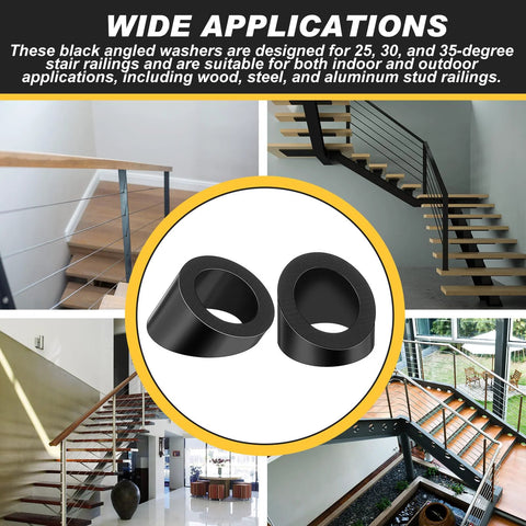 Wide applications of 30 Degree Bevel Washer For Cable Railing In Black Stainless 3 Eighths Inch Bore with staircase examples