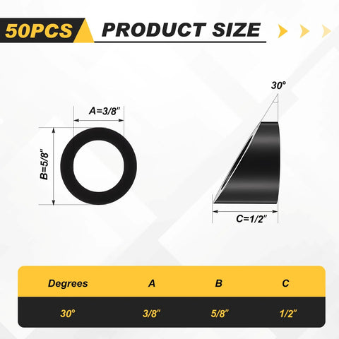 Diagram showing dimensions of 30 Degree Bevel Washer For Cable Railing In Black Stainless 3 Eighths Inch Bore with 50 pieces count.