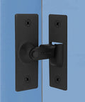 Barn Door Lock Set With 90 Degree Black Stainless Steel Sliding Latch And Right Angle Lock Flip Door Buckle installed on blue door
