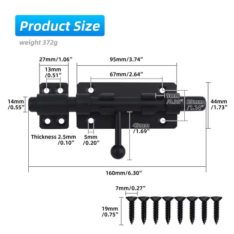 Diagram of Built Tough Heavy Duty 6.3 Inch Barrel Bolt Latch Sliding Gate Lock 304 Stainless Steel with dimensions