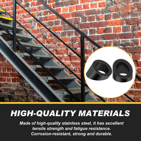 30 Degree Bevel Washer For Cable Railing In Black Stainless 3 Eighths Inch Bore shown with staircase in background.