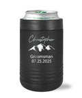 Black custom engraved stainless steel can cooler with name and date for 12 oz and 16 oz cans, vacuum insulated, anti-slip grip, wedding favor.