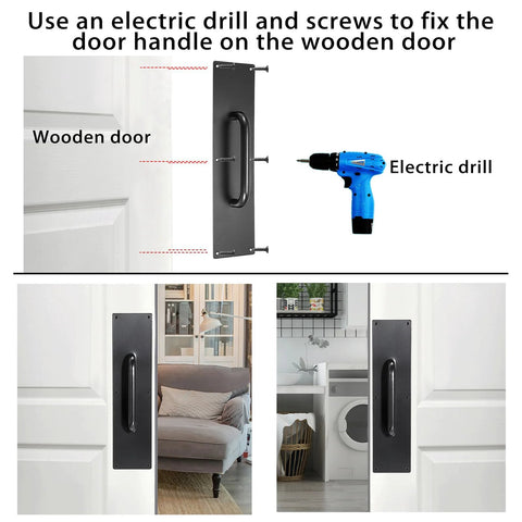 Two Piece 16 Inch Stainless Steel Door Handle Pull And Push Plate Set in brushed black on wooden doors with screws and drill