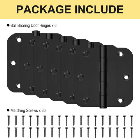 Package contents showing 6 Pack 3.5 Inch Heavy Duty Stainless Steel Ball Bearing Door Hinges and 36 screws.