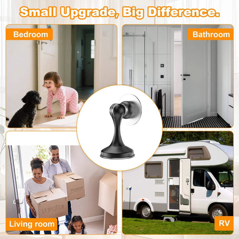 Magnetic Door Stoppers 2 Pack, Stainless Steel Door Stops in various home settings, demonstrating use in different rooms and RVs.