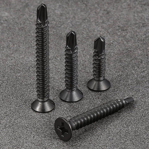 600pcs #8 x 1/2 Inch Flat Head Self Tapping Sheet Metal Screws, Black Stainless Steel, with deep threads on grey surface