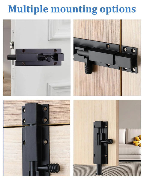 Heavy duty 6 inch slide bolt gate latch made from solid 304 stainless steel with a black electroplating finish installed