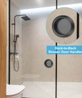 Round Glass Shower Door Handles Back-To-Back In 304 Stainless Steel Black shown installed on a sliding shower door.