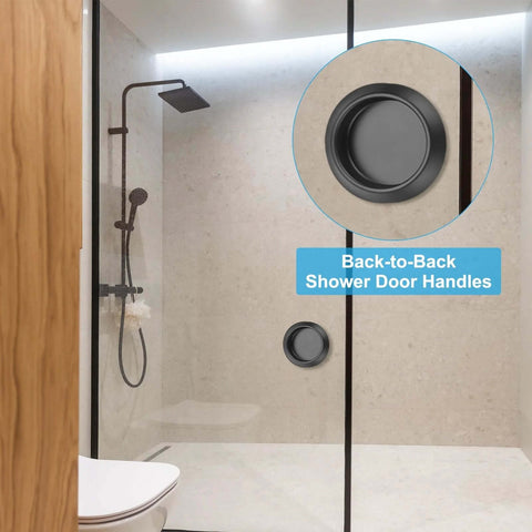 Round Glass Shower Door Handles Back-To-Back In 304 Stainless Steel Black shown installed on a sliding shower door.