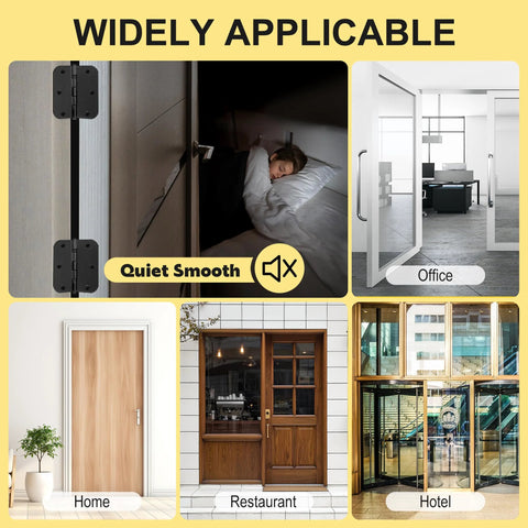 Collage showing 6 Pack 3.5 Inch Heavy Duty Stainless Steel Ball Bearing Door Hinges in various settings like home, office, and hotel.