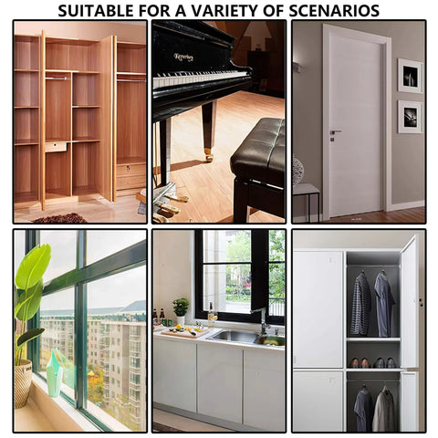 Various applications of 4 Pack 12 Inch Black Stainless Steel Continuous Piano Hinges for cabinets, doors, and windows.