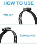How to use 2.5 Inch Stainless Steel Worm Gear Hose Clamp Set of 4 Premium 304 Stainless Steel Corrosion Resistant Adjustable 40 to 63mm for Fuel Lines Plumbing Automotive and Mechanical Applications Black with wrench and screwdriver
