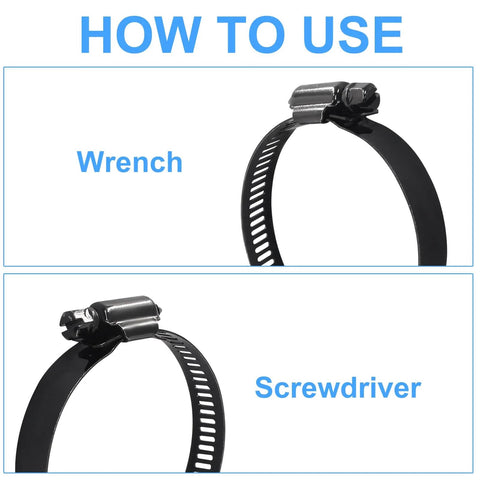 How to use 2.5 Inch Stainless Steel Worm Gear Hose Clamp Set of 4 Premium 304 Stainless Steel Corrosion Resistant Adjustable 40 to 63mm for Fuel Lines Plumbing Automotive and Mechanical Applications Black with wrench and screwdriver