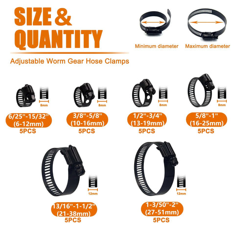 30 Pieces Black Hose Clamps Set With 6 To 51 Millimeters Adjustable Range 304 Stainless Steel Worm Gear Hose Clamps Assortment Kit Six Sizes