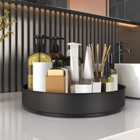 Stainless Steel Lazy Susan Turntable For Pantry Cabinet And Kitchen Organization, 7.5 Inch Spinning Rack For Spices, Snacks, And Bathroom Storage, Black Finish, Rustproof 304 Stainless Steel With Rimmed Edge To Prevent Slips, used for bathroom toiletries display