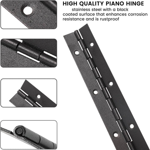 Detailed view of 2-Pack 12-Inch Black Stainless Steel Heavy Duty Continuous And Piano Hinges, 2-Inch Open Width, Pre-Drilled Holes