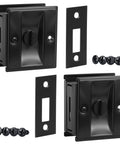 Stainless Steel Black Pocket Door Lock With Pull Durable Reversible Sliding Door Hardware For 1 3 8 Inch Thick Doors Easy Install And Privacy Protection Non Handed Design Two Pack shown disassembled with screws.