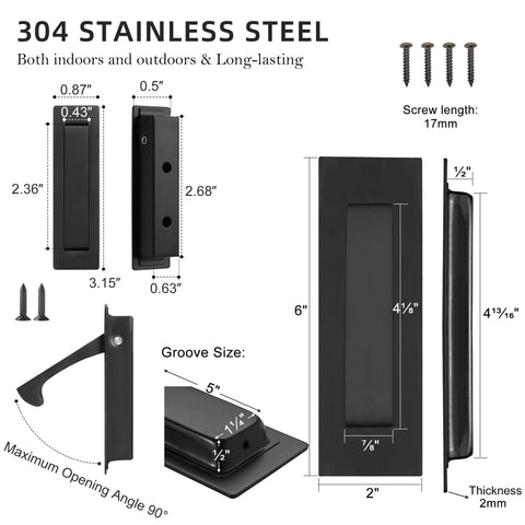 Matte Black Stainless Steel Pocket Door Pull And Edge Pull Set for recessed sliding doors with flush finger edge dimensions and specifications