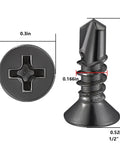 Close-up of 600pcs #8 x 1/2 Inch Flat Head Self Tapping Sheet Metal Screws Black Stainless Steel showing measurements and details